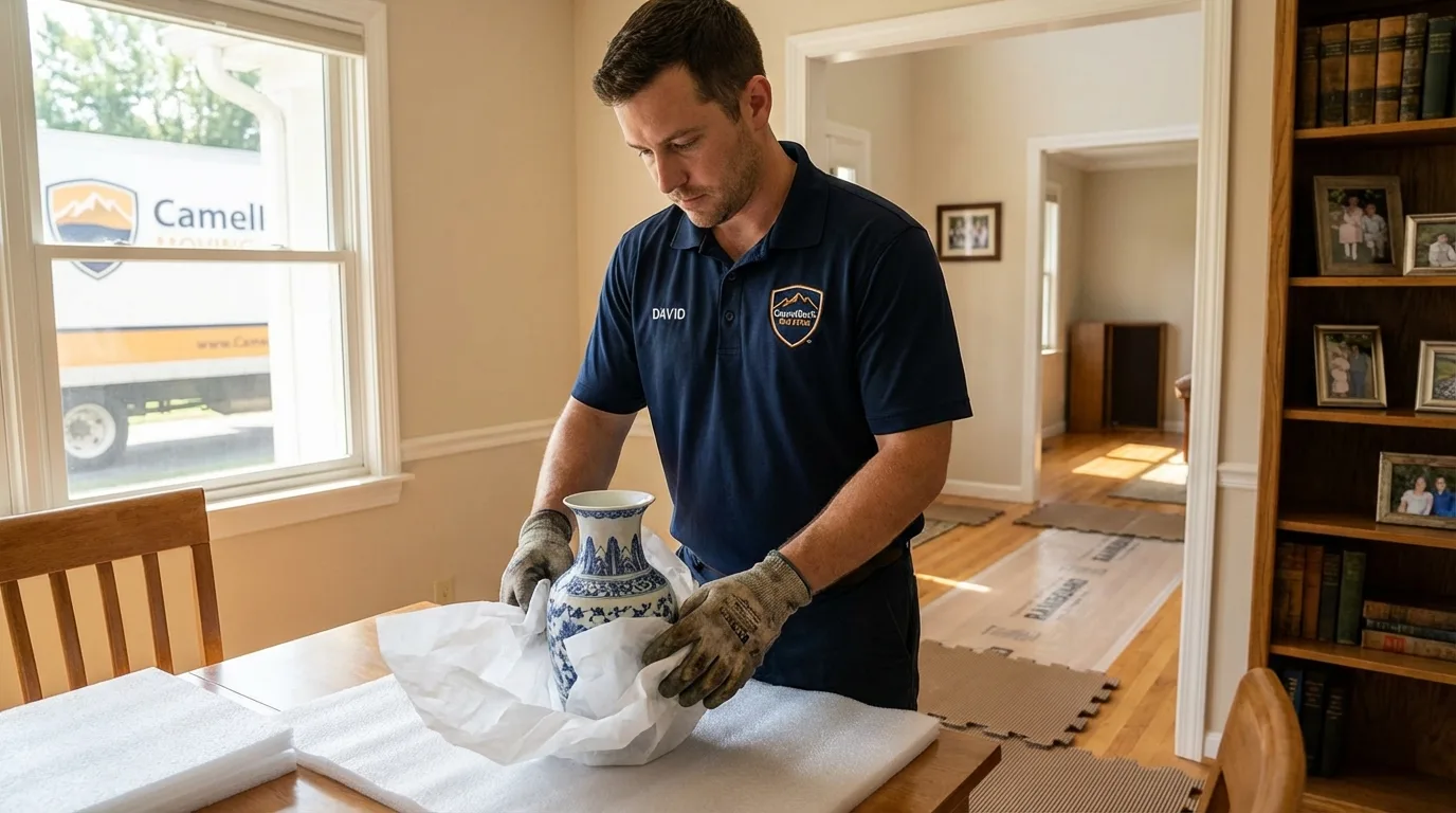 Professional crew carefully wrapping antique vase for senior downsizing move in Salcha, AK